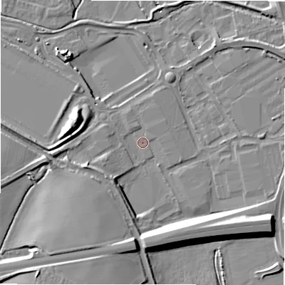 Shaded relief map of the ground around B783JF, computed from Environment Agency LiDAR. The ground here sits at about 60 m above sea level and falls 16 m across the surrounding 800 m. Surface water reaching this point runs off ground lying to the south-west, 10.4 m higher.