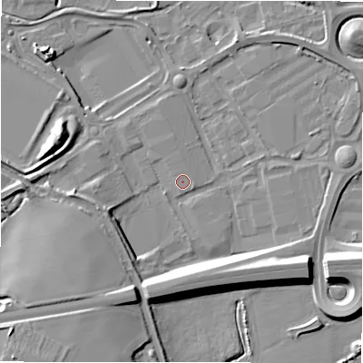 Shaded relief map of the ground around B783JG, computed from Environment Agency LiDAR. The ground here sits at about 60 m above sea level and falls 16 m across the surrounding 800 m. The ground contributing surface water to this point lies to the west-north-west.