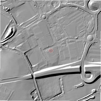 Shaded relief map of the ground around B783JH, computed from Environment Agency LiDAR. The ground here sits at about 60 m above sea level and falls 16 m across the surrounding 800 m. Surface water reaching this point runs off ground lying to the north-west, 1.1 m higher.