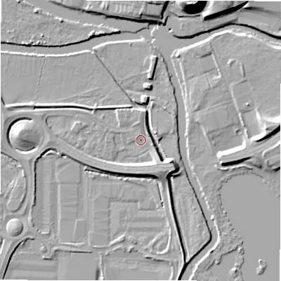 Shaded relief map of the ground around B783JJ, computed from Environment Agency LiDAR. The ground here sits at about 60 m above sea level and falls 21 m across the surrounding 800 m. Surface water reaching this point runs off ground lying to the south-east, 5.5 m higher.