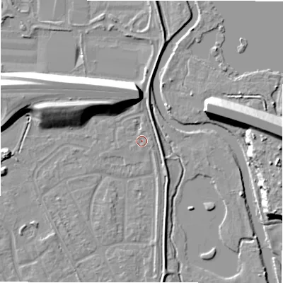 Shaded relief map of the ground around B783JN, computed from Environment Agency LiDAR. The ground here sits at about 60 m above sea level and falls 12 m across the surrounding 800 m. Surface water reaching this point runs off ground lying to the east-south-east, 0.8 m higher.