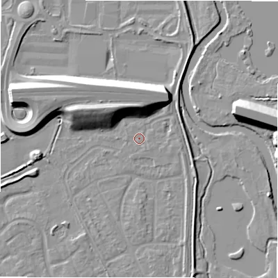 Shaded relief map of the ground around B783JQ, computed from Environment Agency LiDAR. The ground here sits at about 60 m above sea level and falls 12 m across the surrounding 800 m. Surface water reaching this point runs off ground lying to the east-north-east, 1.2 m higher.