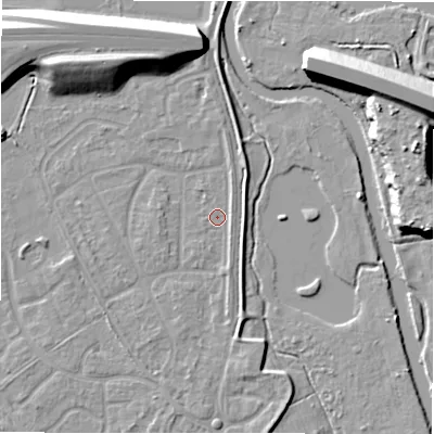 Shaded relief map of the ground around B783JS, computed from Environment Agency LiDAR. The ground here sits at about 60 m above sea level and falls 12 m across the surrounding 800 m. Surface water reaching this point runs off ground lying to the north-east, 1.3 m higher.