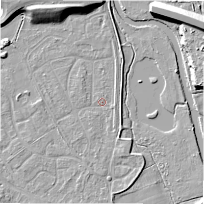 Shaded relief map of the ground around B783JT, computed from Environment Agency LiDAR. The ground here sits at about 60 m above sea level and falls 12 m across the surrounding 800 m. Surface water reaching this point runs off ground lying to the north, 8.6 m higher.