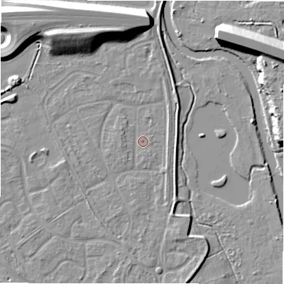 Shaded relief map of the ground around B783JU, computed from Environment Agency LiDAR. The ground here sits at about 60 m above sea level and falls 12 m across the surrounding 800 m. Surface water reaching this point runs off ground lying to the north, 8.9 m higher.