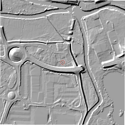 Shaded relief map of the ground around B783JW, computed from Environment Agency LiDAR. The ground here sits at about 59 m above sea level and falls 9 m across the surrounding 800 m. Surface water reaching this point runs off ground lying to the east-south-east, 5.5 m higher.