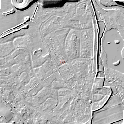 Shaded relief map of the ground around B783JX, computed from Environment Agency LiDAR. The ground here sits at about 60 m above sea level and falls 11 m across the surrounding 800 m. Surface water reaching this point runs off ground lying to the south, 1.6 m higher.