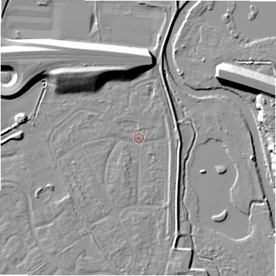 Shaded relief map of the ground around B783JY, computed from Environment Agency LiDAR. The ground here sits at about 60 m above sea level and falls 12 m across the surrounding 800 m. Surface water reaching this point runs off ground lying to the north, 9.2 m higher.
