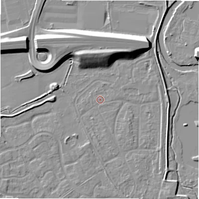 Shaded relief map of the ground around B783JZ, computed from Environment Agency LiDAR. The ground here sits at about 60 m above sea level and falls 11 m across the surrounding 800 m. Surface water reaching this point runs off ground lying to the south, 0.9 m higher.
