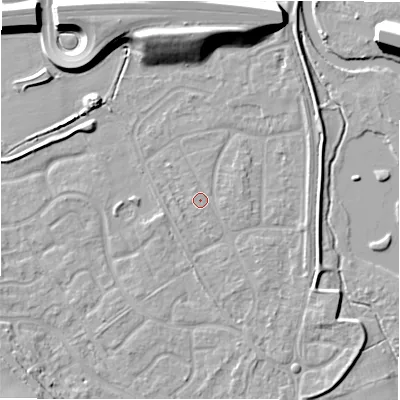 Shaded relief map of the ground around B783LA, computed from Environment Agency LiDAR. The ground here sits at about 60 m above sea level and falls 11 m across the surrounding 800 m. Surface water reaching this point runs off ground lying to the south-west, 0.5 m higher.