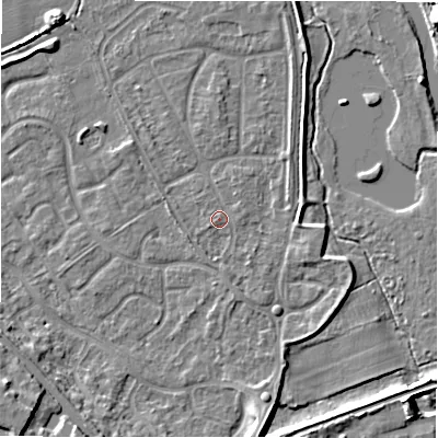 Shaded relief map of the ground around B783LB, computed from Environment Agency LiDAR. The ground here sits at about 61 m above sea level and falls 9 m across the surrounding 800 m. Surface water reaching this point runs off ground lying to the south-south-east, 1.3 m higher.
