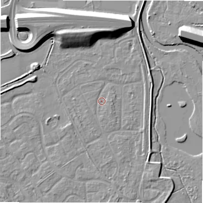 Shaded relief map of the ground around B783LD, computed from Environment Agency LiDAR. The ground here sits at about 60 m above sea level and falls 12 m across the surrounding 800 m. Surface water reaching this point runs off ground lying to the south-east, 1.5 m higher.