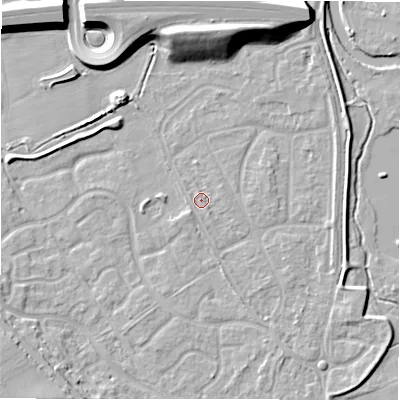 Shaded relief map of the ground around B783LE, computed from Environment Agency LiDAR. The ground here sits at about 60 m above sea level and falls 11 m across the surrounding 800 m. Surface water reaching this point runs off ground lying to the south-south-east, 0.5 m higher.