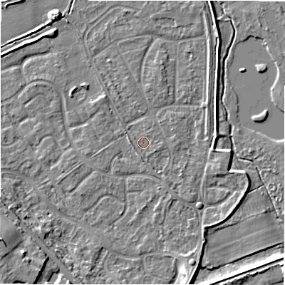 Shaded relief map of the ground around B783LF, computed from Environment Agency LiDAR. The ground here sits at about 60 m above sea level and falls 11 m across the surrounding 800 m. Surface water reaching this point runs off ground lying to the south, 1.1 m higher.