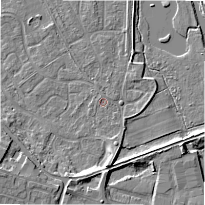 Shaded relief map of the ground around B783LG, computed from Environment Agency LiDAR. The ground here sits at about 60 m above sea level and falls 9 m across the surrounding 800 m. Surface water reaching this point runs off ground lying to the north-north-east, 0.7 m higher.