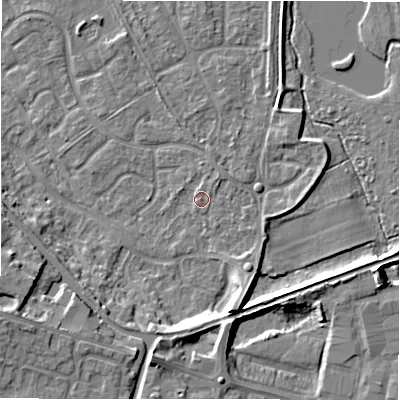 Shaded relief map of the ground around B783LH, computed from Environment Agency LiDAR. The ground here sits at about 61 m above sea level and falls 10 m across the surrounding 800 m. Surface water reaching this point runs off ground lying to the north-east, 0.8 m higher.