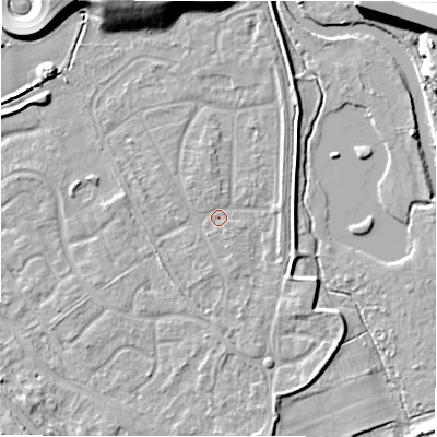 Shaded relief map of the ground around B783LJ, computed from Environment Agency LiDAR. The ground here sits at about 60 m above sea level and falls 12 m across the surrounding 800 m. Surface water reaching this point runs off ground lying to the south-south-west, 1.6 m higher.