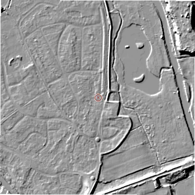 Shaded relief map of the ground around B783LL, computed from Environment Agency LiDAR. The ground here sits at about 60 m above sea level and falls 11 m across the surrounding 800 m. Surface water reaching this point runs off ground lying to the south, 2.5 m higher.