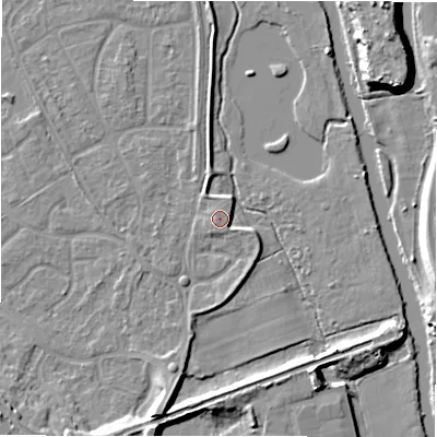 Shaded relief map of the ground around B783LP, computed from Environment Agency LiDAR. The ground here sits at about 61 m above sea level and falls 11 m across the surrounding 800 m. Surface water reaching this point runs off ground lying to the east, 2.3 m higher.
