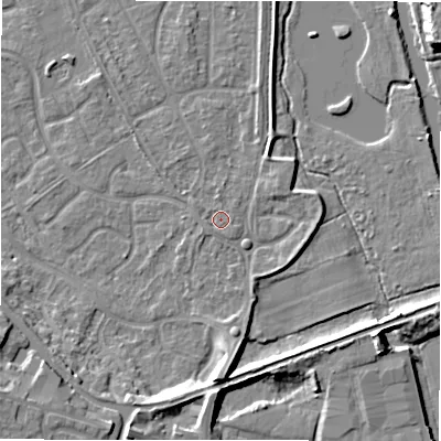 Shaded relief map of the ground around B783LQ, computed from Environment Agency LiDAR. The ground here sits at about 61 m above sea level and falls 10 m across the surrounding 800 m. Surface water reaching this point runs off ground lying to the west-south-west, 0.9 m higher.
