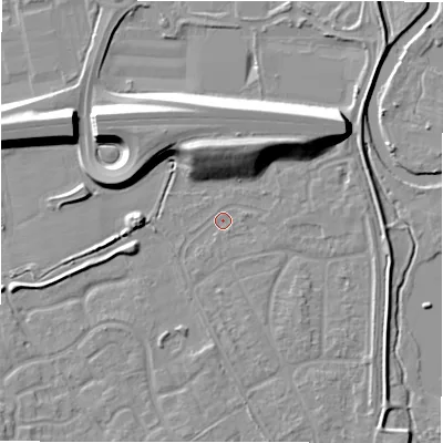 Shaded relief map of the ground around B783LR, computed from Environment Agency LiDAR. The ground here sits at about 59 m above sea level and falls 11 m across the surrounding 800 m. Surface water reaching this point runs off ground lying to the north-east, 9.2 m higher.