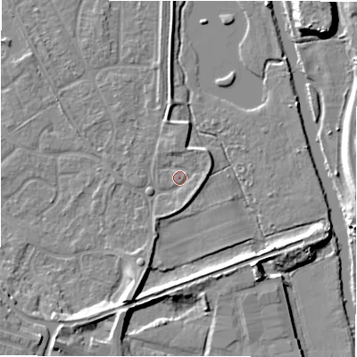 Shaded relief map of the ground around B783LS, computed from Environment Agency LiDAR. The ground here sits at about 60 m above sea level and falls 11 m across the surrounding 800 m. Surface water reaching this point runs off ground lying to the south-south-west, 2.4 m higher.