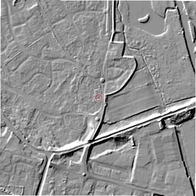 Shaded relief map of the ground around B783LW, computed from Environment Agency LiDAR. The ground here sits at about 61 m above sea level and falls 9 m across the surrounding 800 m. Surface water reaching this point runs off ground lying to the south-south-east, 0.6 m higher.