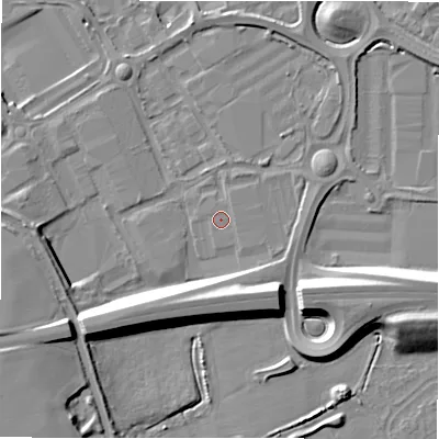 Shaded relief map of the ground around B783LZ, computed from Environment Agency LiDAR. The ground here sits at about 59 m above sea level and falls 14 m across the surrounding 800 m. The ground contributing surface water to this point lies to the south-east.