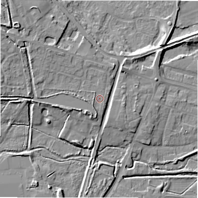 Shaded relief map of the ground around B783QD, computed from Environment Agency LiDAR. The ground here sits at about 66 m above sea level and falls 12 m across the surrounding 800 m. Surface water reaching this point runs off ground lying to the south-west, 1.7 m higher.