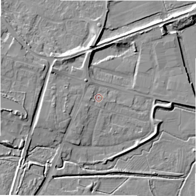 Shaded relief map of the ground around B783RD, computed from Environment Agency LiDAR. The ground here sits at about 62 m above sea level and falls 9 m across the surrounding 800 m. Surface water reaching this point runs off ground lying to the south-west, 4.2 m higher.