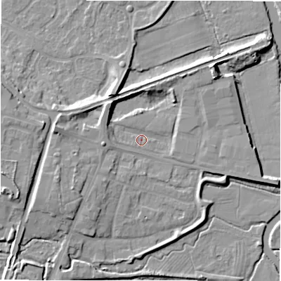 Shaded relief map of the ground around B783RE, computed from Environment Agency LiDAR. The ground here sits at about 61 m above sea level and falls 10 m across the surrounding 800 m. Surface water reaching this point runs off ground lying to the west-south-west, 5.9 m higher.