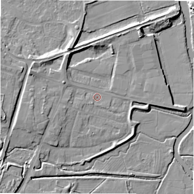 Shaded relief map of the ground around B783RF, computed from Environment Agency LiDAR. The ground here sits at about 61 m above sea level and falls 9 m across the surrounding 800 m. Surface water reaching this point runs off ground lying to the south-west, 4.0 m higher.