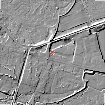 Shaded relief map of the ground around B783RJ, computed from Environment Agency LiDAR. The ground here sits at about 61 m above sea level and falls 10 m across the surrounding 800 m. Surface water reaching this point runs off ground lying to the north-west, 4.5 m higher.