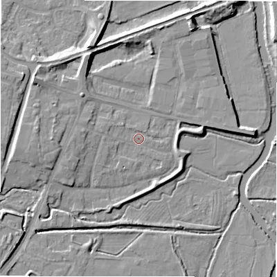 Shaded relief map of the ground around B783RP, computed from Environment Agency LiDAR. The ground here sits at about 61 m above sea level and falls 8 m across the surrounding 800 m. Surface water reaching this point runs off ground lying to the west-south-west, 2.0 m higher.