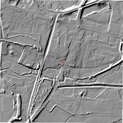 Shaded relief map of the ground around B783RQ, computed from Environment Agency LiDAR. The ground here sits at about 64 m above sea level and falls 10 m across the surrounding 800 m. Surface water reaching this point runs off ground lying to the north-west, 3.3 m higher.