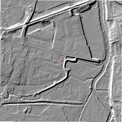 Shaded relief map of the ground around B783RR, computed from Environment Agency LiDAR. The ground here sits at about 61 m above sea level and falls 13 m across the surrounding 800 m. Surface water reaching this point runs off ground lying to the north-west, 6.8 m higher.
