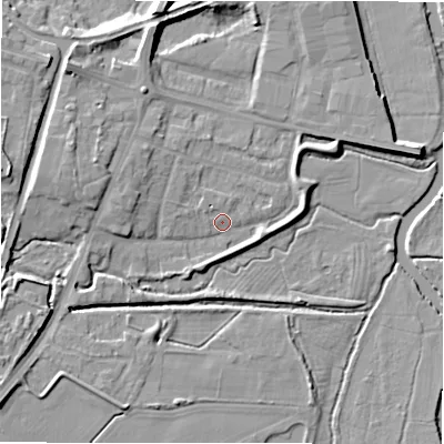 Shaded relief map of the ground around B783RS, computed from Environment Agency LiDAR. The ground here sits at about 61 m above sea level and falls 9 m across the surrounding 800 m. Surface water reaching this point runs off ground lying to the north-north-west, 6.8 m higher.