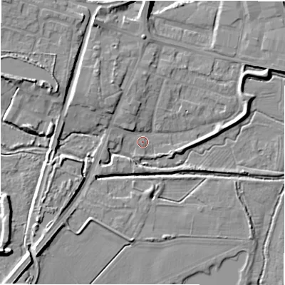 Shaded relief map of the ground around B783RT, computed from Environment Agency LiDAR. The ground here sits at about 62 m above sea level and falls 10 m across the surrounding 800 m. Surface water reaching this point runs off ground lying to the north-west, 4.6 m higher.