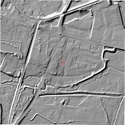Shaded relief map of the ground around B783RU, computed from Environment Agency LiDAR. The ground here sits at about 63 m above sea level and falls 9 m across the surrounding 800 m. Surface water reaching this point runs off ground lying to the west, 2.5 m higher.