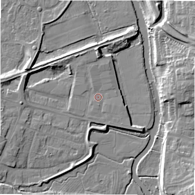 Shaded relief map of the ground around B783RW, computed from Environment Agency LiDAR. The ground here sits at about 63 m above sea level and falls 15 m across the surrounding 800 m. Surface water reaching this point runs off ground lying to the north-north-west, 0.9 m higher.
