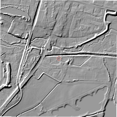 Shaded relief map of the ground around B783RX, computed from Environment Agency LiDAR. The ground here sits at about 61 m above sea level and falls 10 m across the surrounding 800 m. Surface water reaching this point runs off ground lying to the north-west, 7.4 m higher.