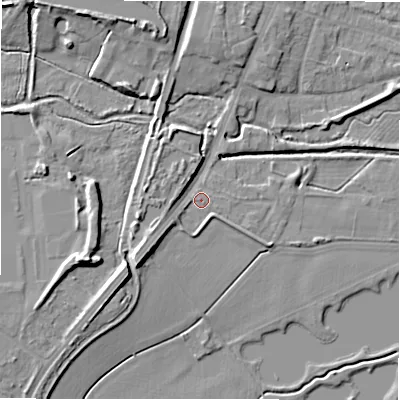 Shaded relief map of the ground around B783RY, computed from Environment Agency LiDAR. The ground here sits at about 62 m above sea level and falls 10 m across the surrounding 800 m. Surface water reaching this point runs off ground lying to the south-west, 5.5 m higher.