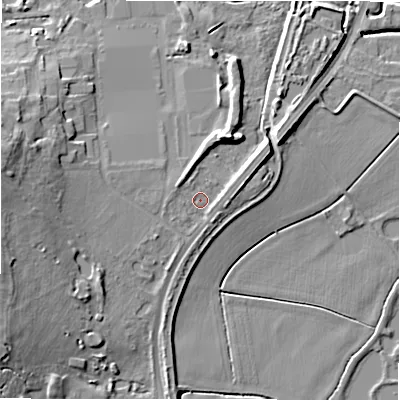 Shaded relief map of the ground around B783SA, computed from Environment Agency LiDAR. The ground here sits at about 64 m above sea level and falls 13 m across the surrounding 800 m. Surface water reaching this point runs off ground lying to the north-east, 3.1 m higher.