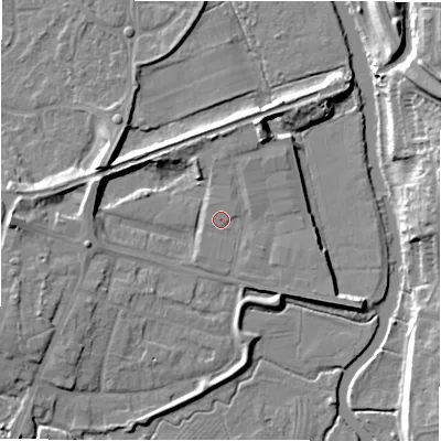 Shaded relief map of the ground around B783SD, computed from Environment Agency LiDAR. The ground here sits at about 63 m above sea level and falls 13 m across the surrounding 800 m. Surface water reaching this point runs off ground lying to the north-east, 0.9 m higher.