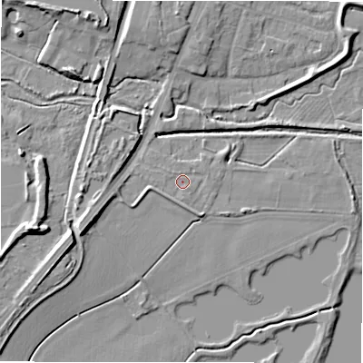 Shaded relief map of the ground around B783TG, computed from Environment Agency LiDAR. The ground here sits at about 62 m above sea level and falls 10 m across the surrounding 800 m. Surface water reaching this point runs off ground lying to the south-east, 0.9 m higher.