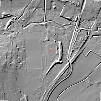 Shaded relief map of the ground around B783TL, computed from Environment Agency LiDAR. The ground here sits at about 64 m above sea level and falls 13 m across the surrounding 800 m. Surface water reaching this point runs off ground lying to the east, 1.6 m higher.