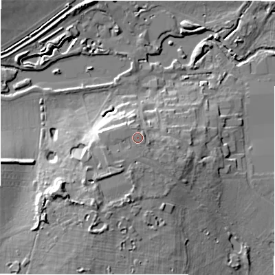 Shaded relief map of the ground around B783TW, computed from Environment Agency LiDAR. The ground here sits at about 73 m above sea level and falls 14 m across the surrounding 800 m. Surface water reaching this point runs off ground lying to the west-south-west, 1.4 m higher.