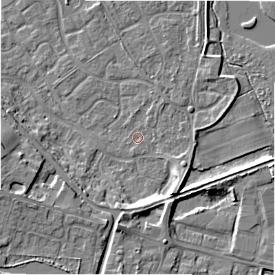 Shaded relief map of the ground around B783XA, computed from Environment Agency LiDAR. The ground here sits at about 60 m above sea level and falls 11 m across the surrounding 800 m. Surface water reaching this point runs off ground lying to the north-east, 1.3 m higher.