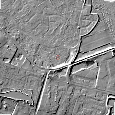 Shaded relief map of the ground around B783XB, computed from Environment Agency LiDAR. The ground here sits at about 60 m above sea level and falls 10 m across the surrounding 800 m. Surface water reaching this point runs off ground lying to the east-south-east, 6.9 m higher.