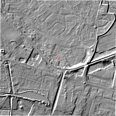 Shaded relief map of the ground around B783XD, computed from Environment Agency LiDAR. The ground here sits at about 61 m above sea level and falls 13 m across the surrounding 800 m. Surface water reaching this point runs off ground lying to the south-west, 4.7 m higher.